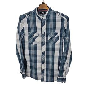 Rock & Republic Plaid Stretch Men's Large Roll Tab Sleeve Button Up Shirt